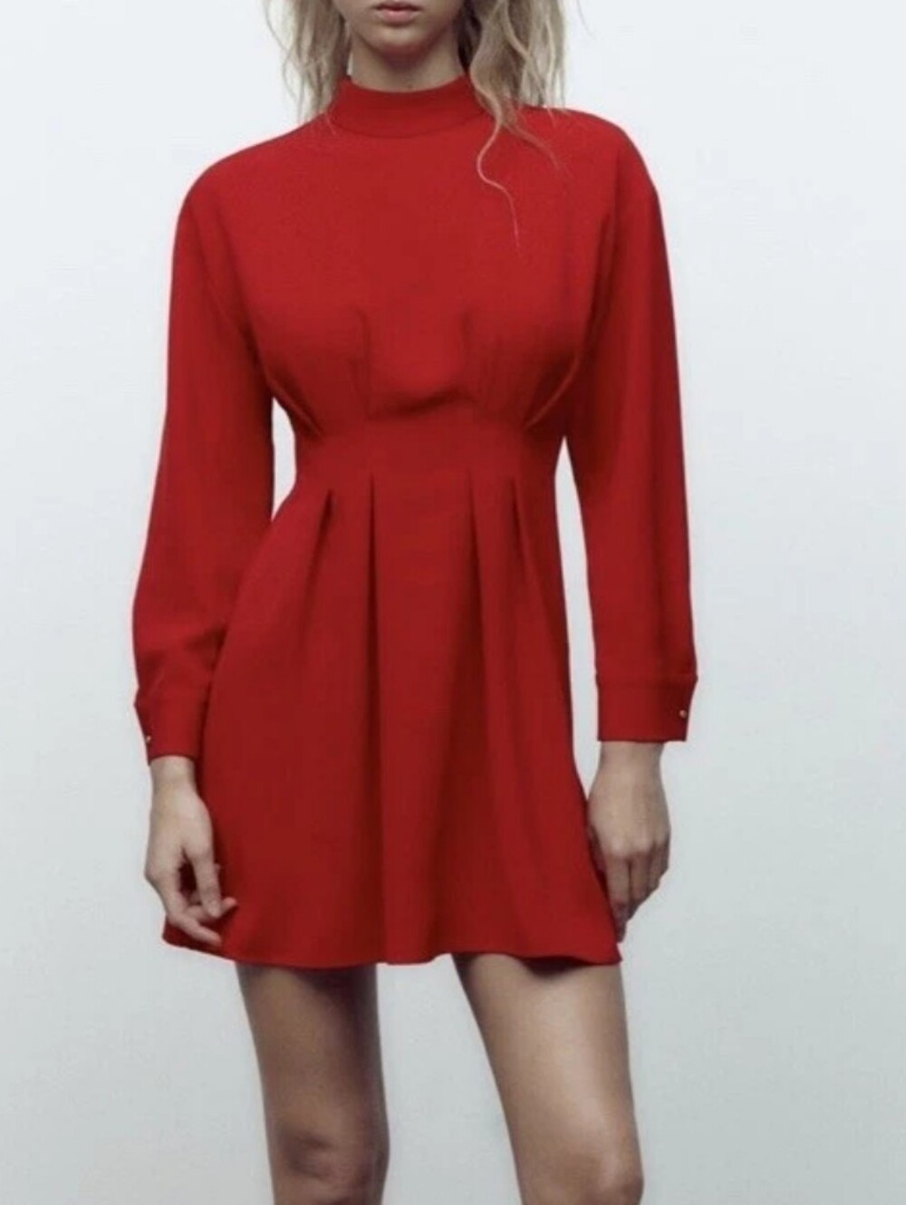 Zara Red Long-Sleeve Mini Dress - Pleated Contemporary Women's Dress
